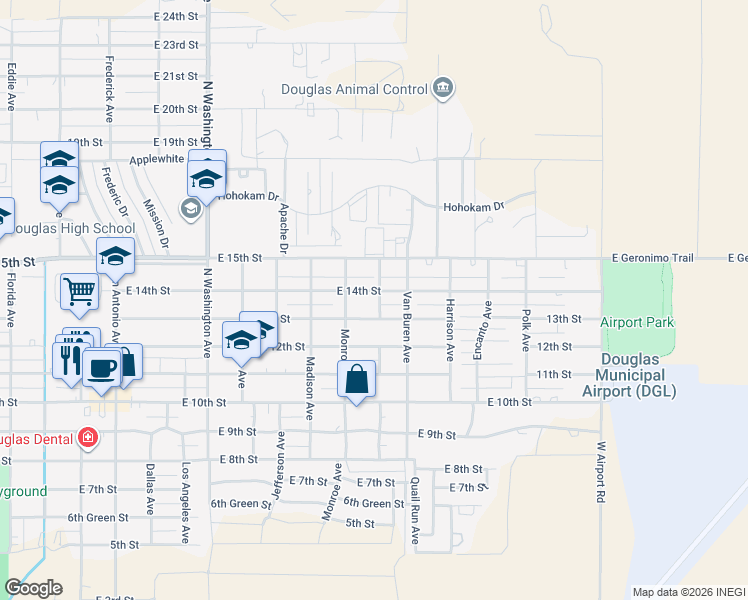 map of restaurants, bars, coffee shops, grocery stores, and more near 2535 14th Street in Douglas