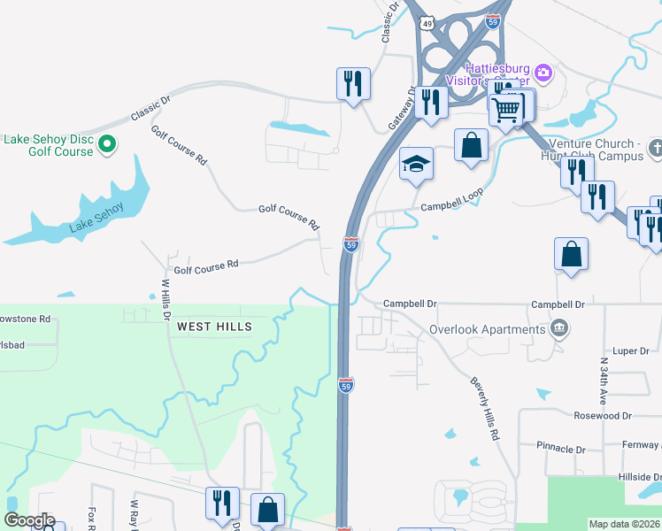 map of restaurants, bars, coffee shops, grocery stores, and more near 16 Golf Course Road in Hattiesburg