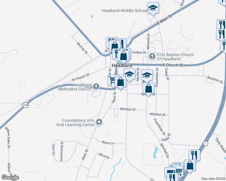 map of restaurants, bars, coffee shops, grocery stores, and more near 300 Main Street in Headland