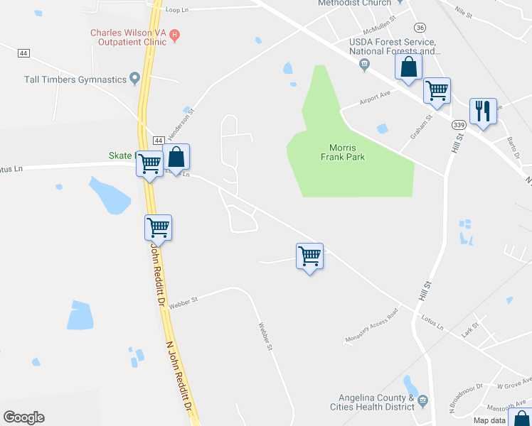 map of restaurants, bars, coffee shops, grocery stores, and more near 3111 Lotus Lane in Lufkin