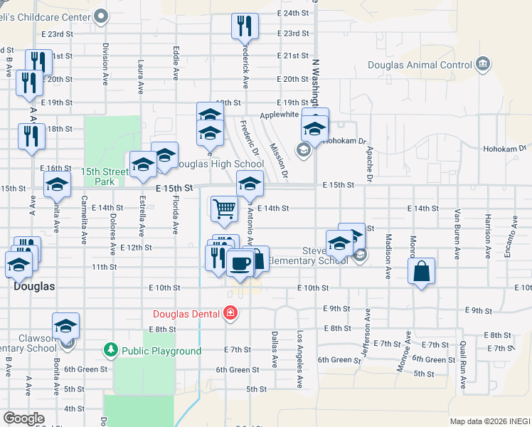 map of restaurants, bars, coffee shops, grocery stores, and more near 1929 14th Street in Douglas