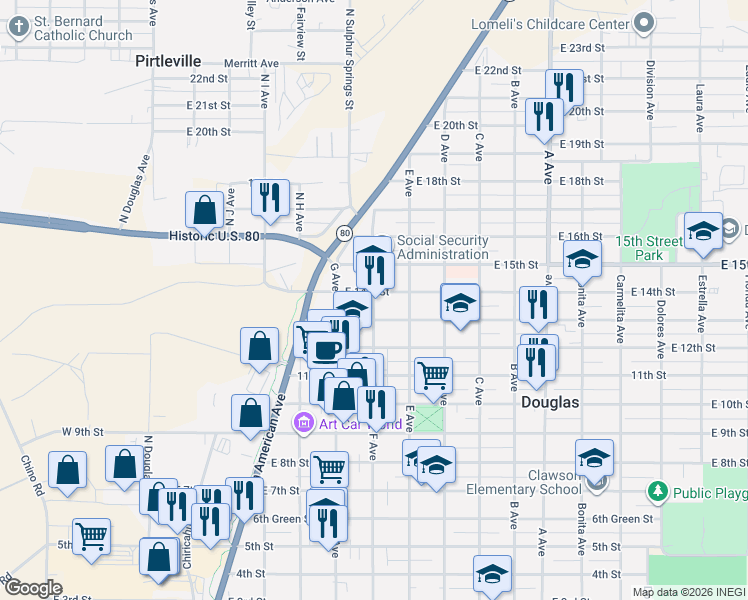 map of restaurants, bars, coffee shops, grocery stores, and more near 1340 F Avenue in Douglas