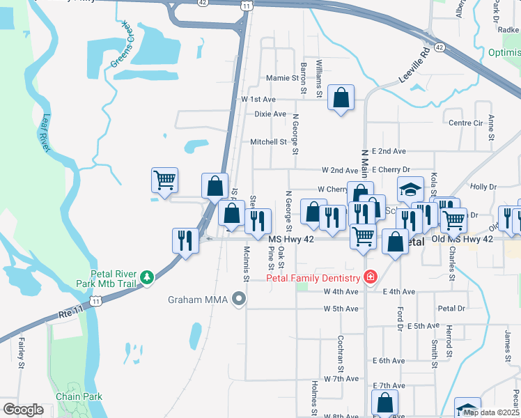 map of restaurants, bars, coffee shops, grocery stores, and more near 125 Stevens Street in Petal