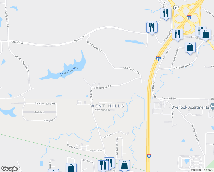 map of restaurants, bars, coffee shops, grocery stores, and more near 59 Golf Course Road in Hattiesburg