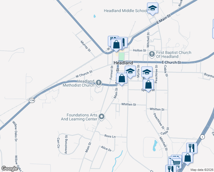 map of restaurants, bars, coffee shops, grocery stores, and more near 300 Main Street in Headland