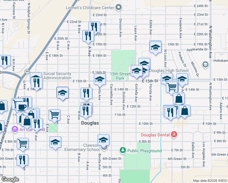 map of restaurants, bars, coffee shops, grocery stores, and more near 1305 East 14th Street in Douglas