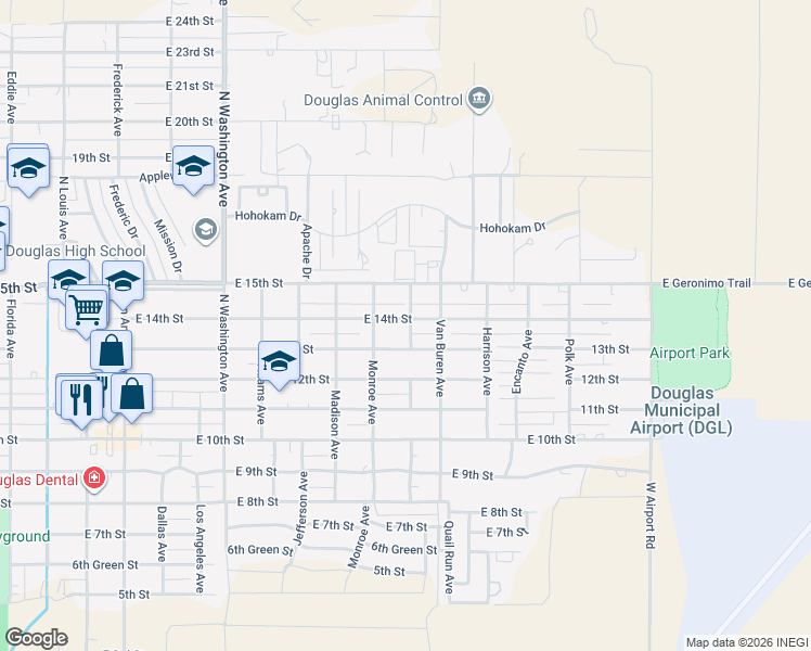 map of restaurants, bars, coffee shops, grocery stores, and more near 2535 East 14th Street in Douglas