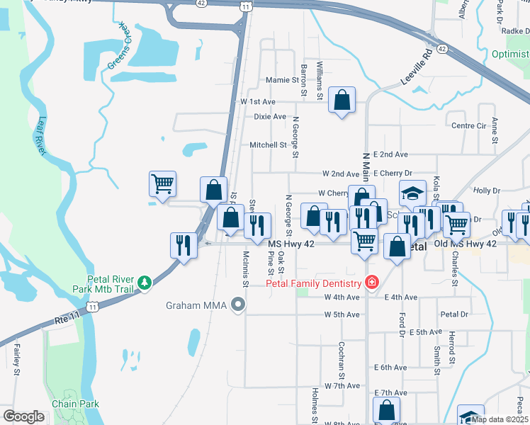 map of restaurants, bars, coffee shops, grocery stores, and more near 125 Stevens St in Petal