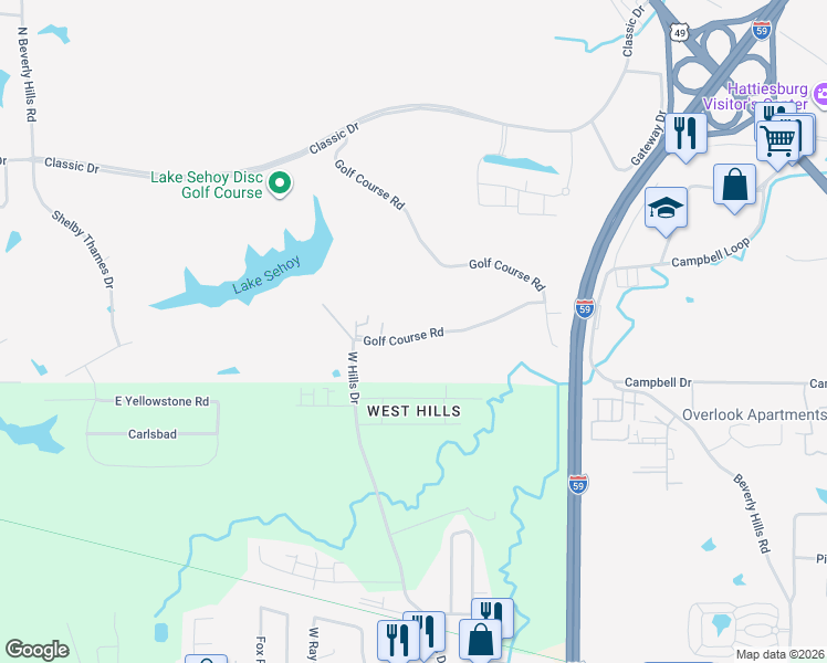 map of restaurants, bars, coffee shops, grocery stores, and more near 59 Golf Course Road in Hattiesburg