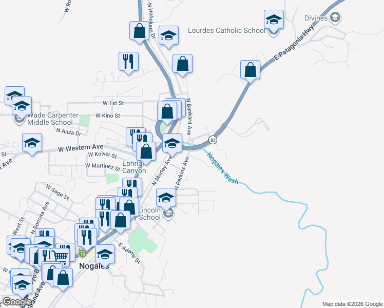 map of restaurants, bars, coffee shops, grocery stores, and more near 1144 North Perkins Avenue in Nogales