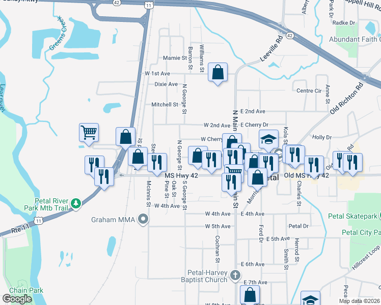 map of restaurants, bars, coffee shops, grocery stores, and more near 134 Jackson Avenue in Petal