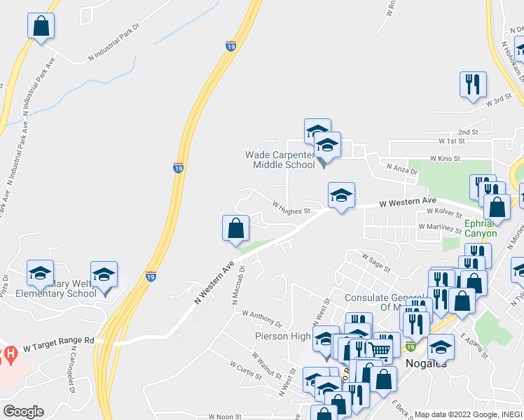 map of restaurants, bars, coffee shops, grocery stores, and more near 740 West Stephenson Street in Nogales