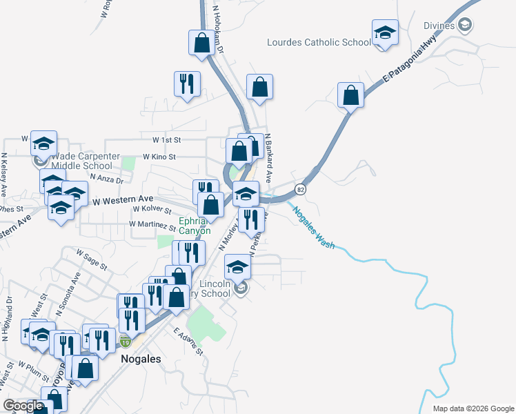 map of restaurants, bars, coffee shops, grocery stores, and more near 1144 North Perkins Avenue in Nogales