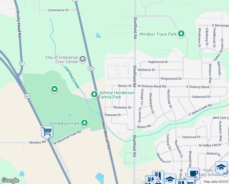 map of restaurants, bars, coffee shops, grocery stores, and more near 1970 Redhawk Drive in Enterprise