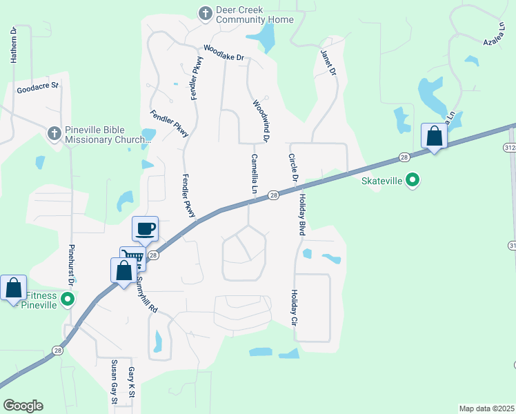 map of restaurants, bars, coffee shops, grocery stores, and more near 5106 Louisiana 28 in Pineville