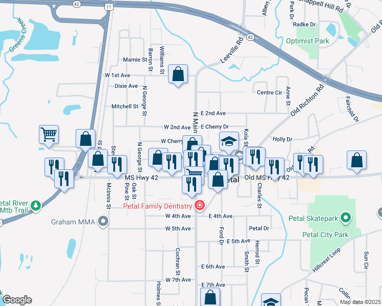 map of restaurants, bars, coffee shops, grocery stores, and more near 124 N Main St in Petal