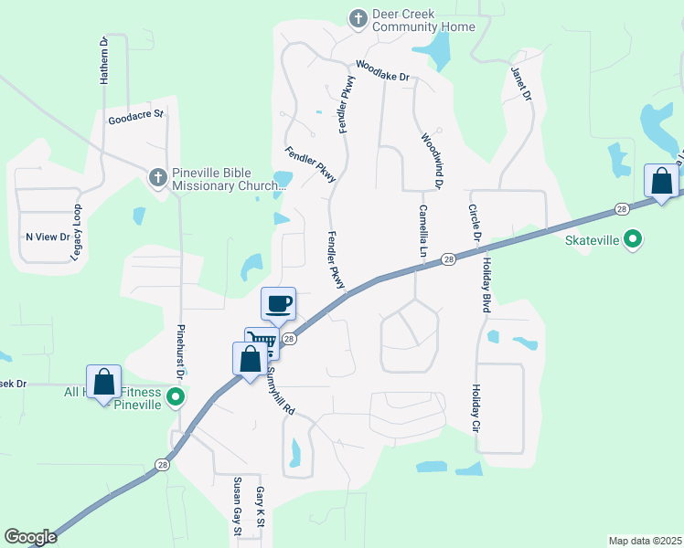 map of restaurants, bars, coffee shops, grocery stores, and more near 111 Fendler Parkway in Pineville