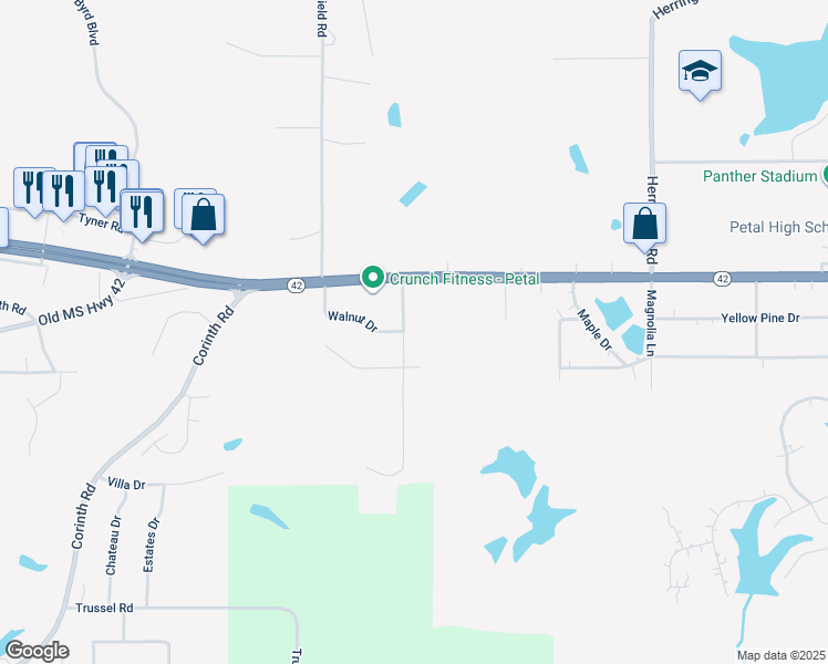 map of restaurants, bars, coffee shops, grocery stores, and more near 14 Beech Lane in Petal