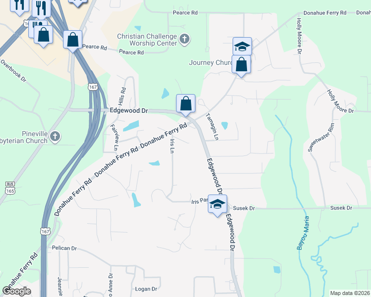 map of restaurants, bars, coffee shops, grocery stores, and more near 2614 Dejean Drive in Pineville
