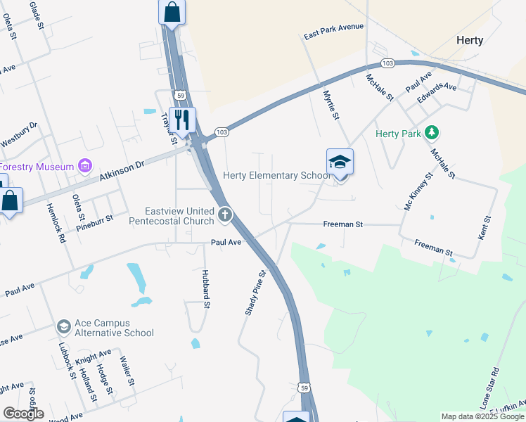 map of restaurants, bars, coffee shops, grocery stores, and more near 204 Hopkins Street in Lufkin