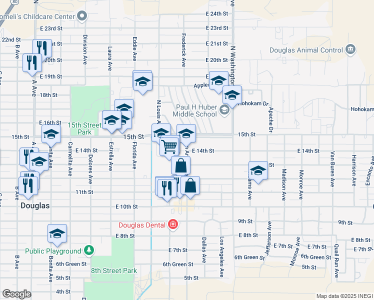 map of restaurants, bars, coffee shops, grocery stores, and more near 1402 San Antonio Avenue in Douglas