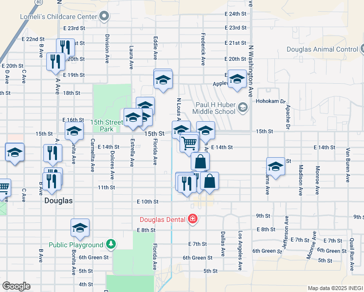 map of restaurants, bars, coffee shops, grocery stores, and more near 1402 San Antonio Avenue in Douglas