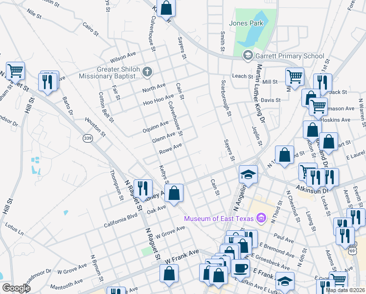 map of restaurants, bars, coffee shops, grocery stores, and more near 801 Rowe Avenue in Lufkin