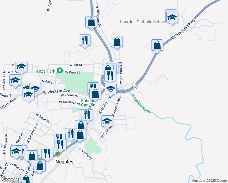 map of restaurants, bars, coffee shops, grocery stores, and more near 850 North Morley Avenue in Nogales
