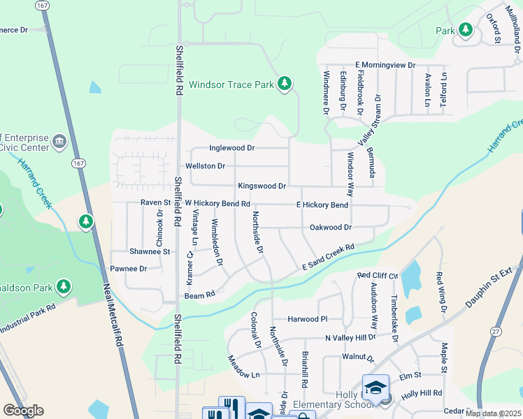 map of restaurants, bars, coffee shops, grocery stores, and more near 804 Northside Drive in Enterprise