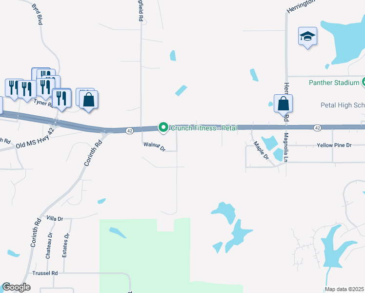 map of restaurants, bars, coffee shops, grocery stores, and more near 14 Beech Lane in Petal