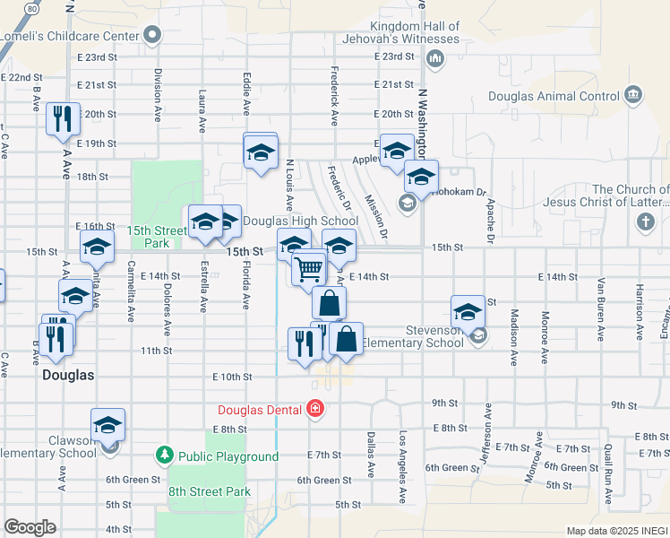 map of restaurants, bars, coffee shops, grocery stores, and more near 1400 San Antonio Avenue in Douglas