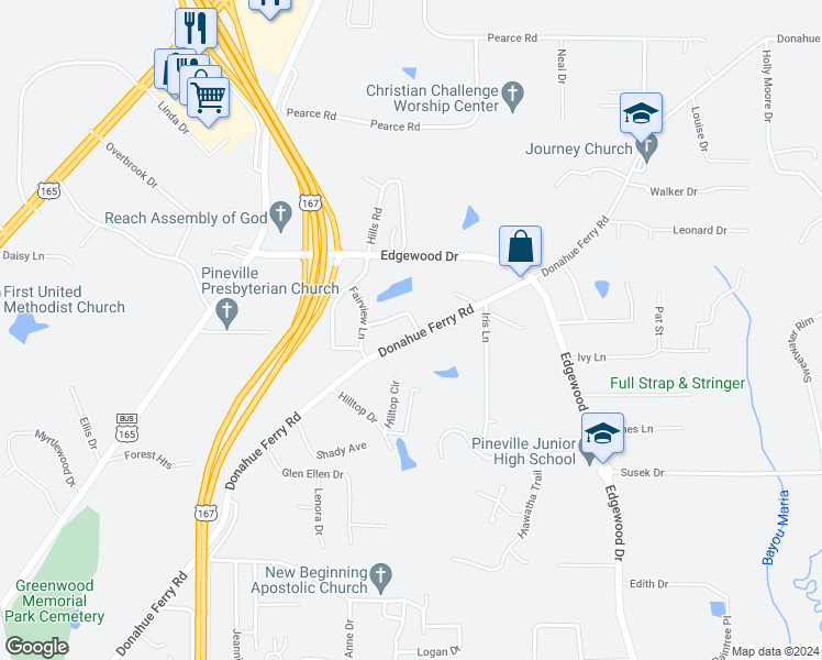 map of restaurants, bars, coffee shops, grocery stores, and more near 2501-2551 Donahue Ferry Road in Pineville