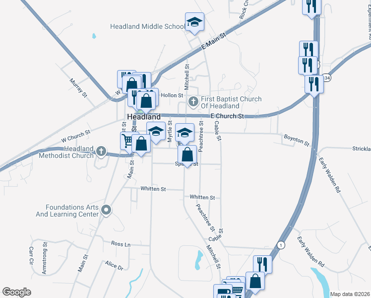map of restaurants, bars, coffee shops, grocery stores, and more near 5 Sporman Street in Headland