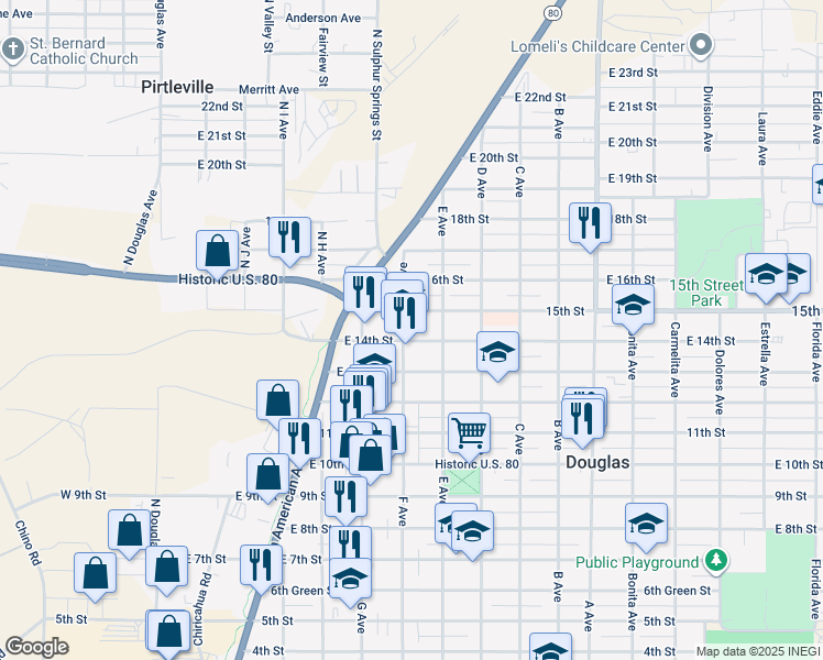 map of restaurants, bars, coffee shops, grocery stores, and more near 1415 F Avenue in Douglas