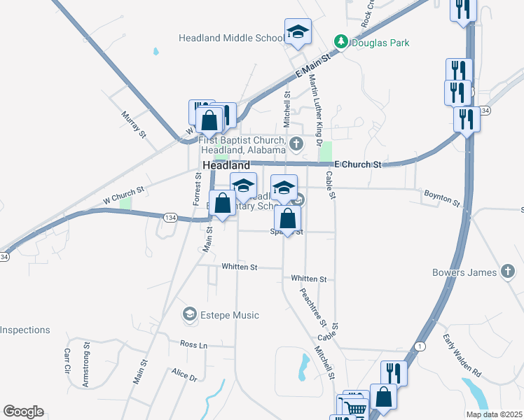 map of restaurants, bars, coffee shops, grocery stores, and more near 8 Sporman Street in Headland