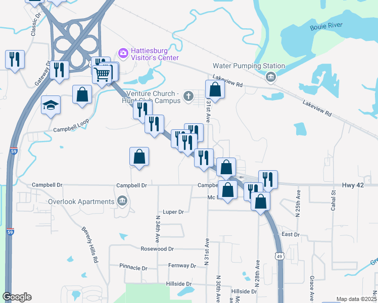 map of restaurants, bars, coffee shops, grocery stores, and more near 5320 U.S. 49 in Hattiesburg