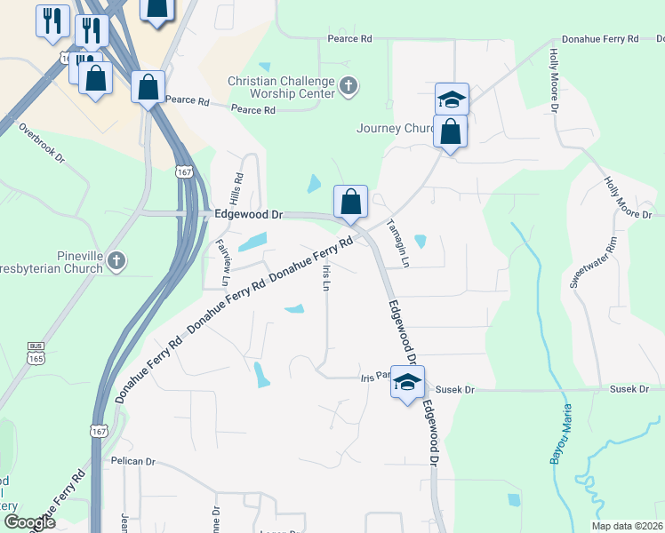 map of restaurants, bars, coffee shops, grocery stores, and more near 2614 Dejean Drive in Pineville