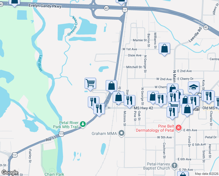 map of restaurants, bars, coffee shops, grocery stores, and more near 917 U.S. 11 in Petal