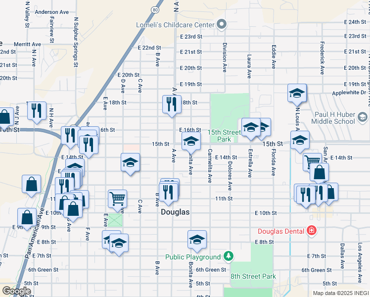 map of restaurants, bars, coffee shops, grocery stores, and more near in Douglas