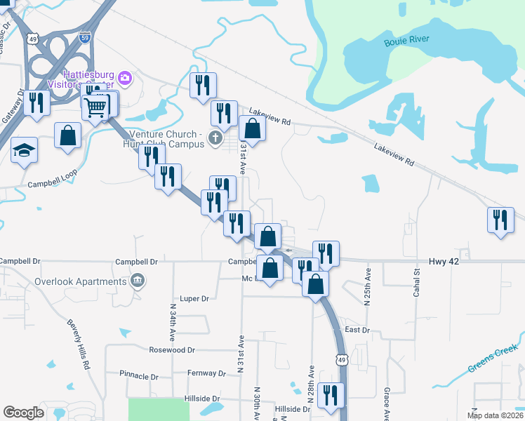 map of restaurants, bars, coffee shops, grocery stores, and more near 6490 Highway 49 in Hattiesburg