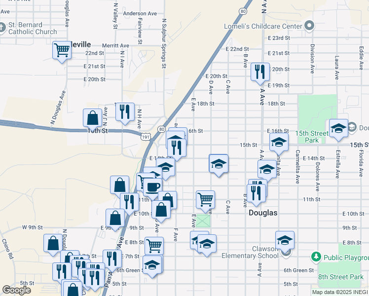 map of restaurants, bars, coffee shops, grocery stores, and more near 1415 F Avenue in Douglas
