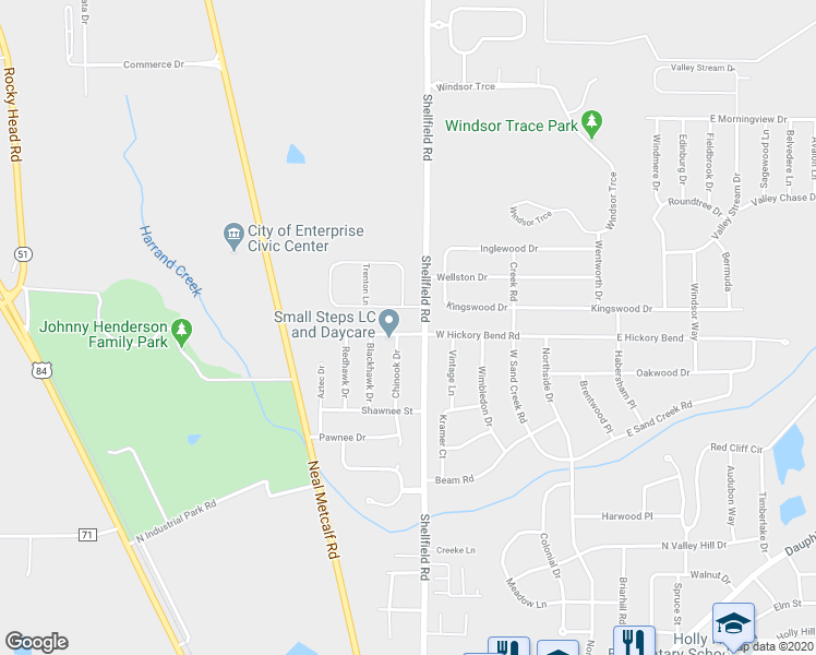 map of restaurants, bars, coffee shops, grocery stores, and more near 102 Raven Street in Enterprise