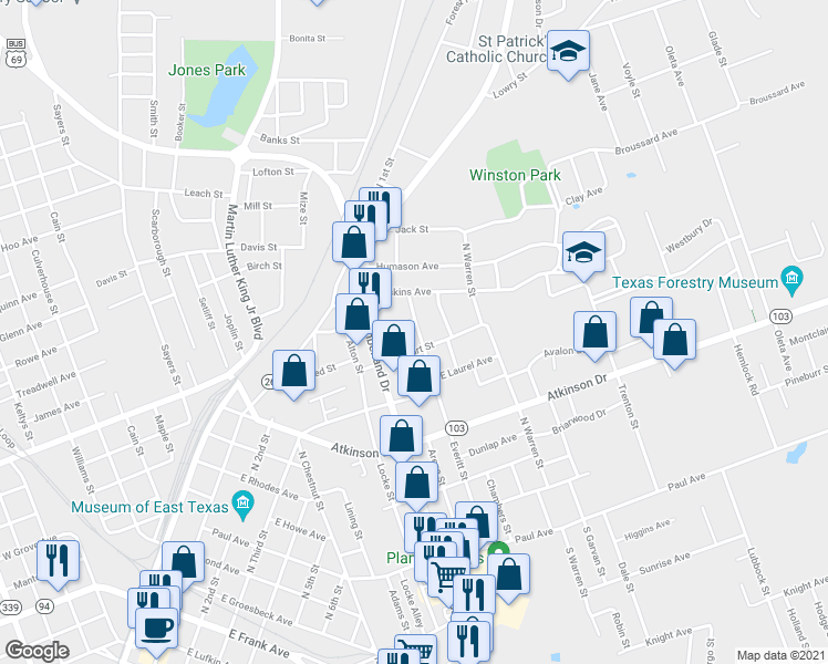map of restaurants, bars, coffee shops, grocery stores, and more near 809 Everitt Street in Lufkin