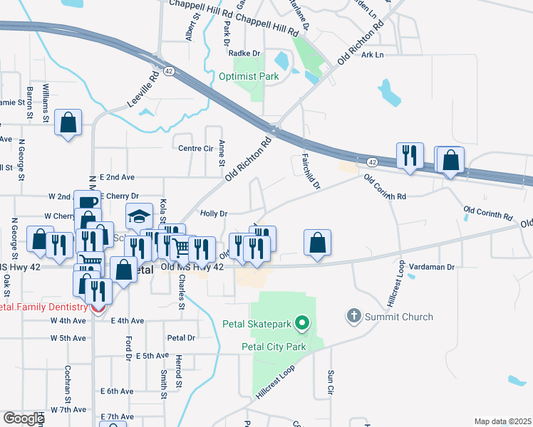 map of restaurants, bars, coffee shops, grocery stores, and more near 301 Old Corinth Road in Petal