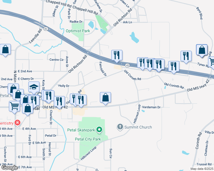 map of restaurants, bars, coffee shops, grocery stores, and more near 341 Corinth Road in Petal