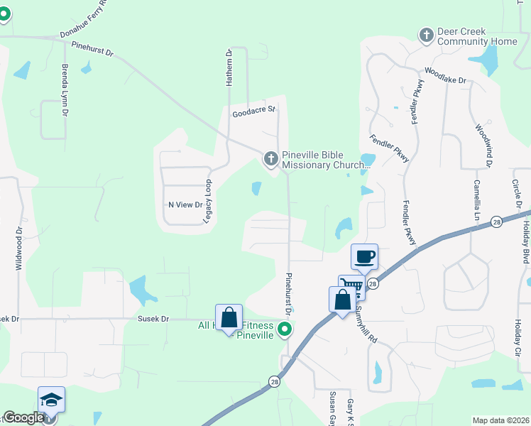 map of restaurants, bars, coffee shops, grocery stores, and more near 1100 Pinehurst Drive in Pineville