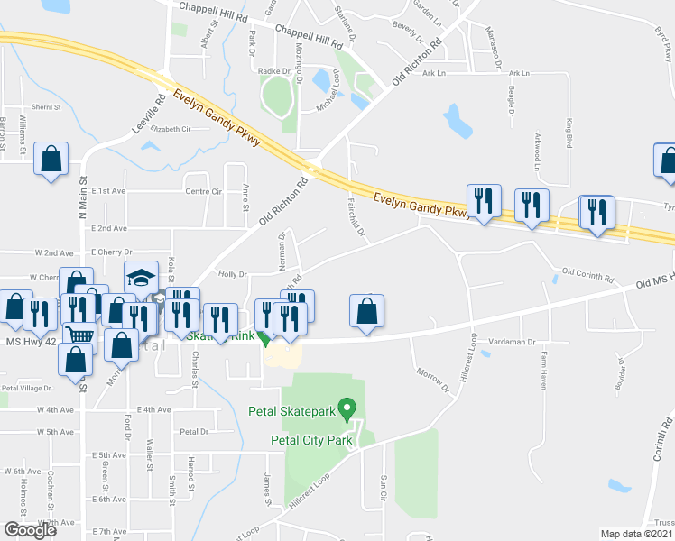 map of restaurants, bars, coffee shops, grocery stores, and more near 335 Old Corinth Road in Petal