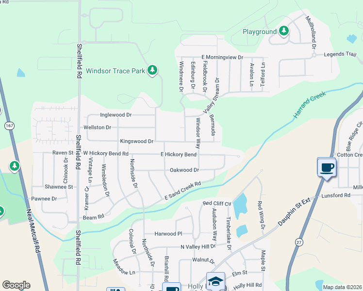 map of restaurants, bars, coffee shops, grocery stores, and more near 106 Kingswood Drive in Enterprise