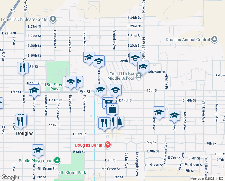 map of restaurants, bars, coffee shops, grocery stores, and more near East 15th Street in Douglas