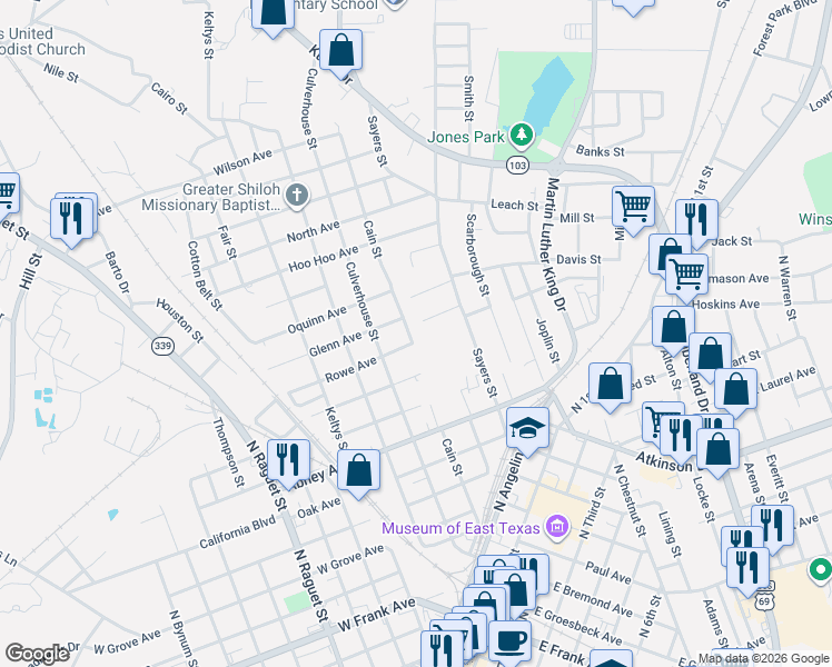 map of restaurants, bars, coffee shops, grocery stores, and more near 113 Wilma Street in Lufkin